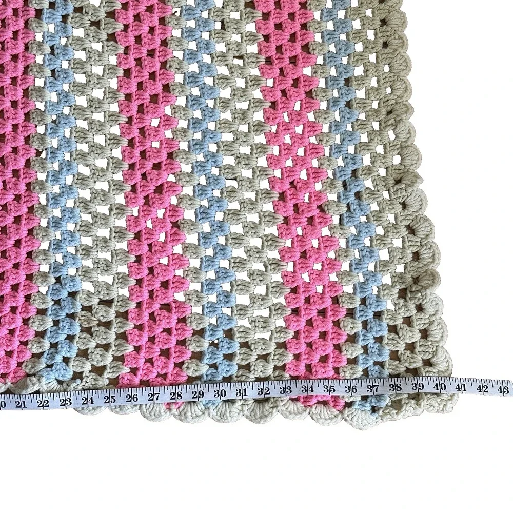 Vintage Handmade Granny Square Afghan Blanket Throw Pink Blue Tan 43X41
